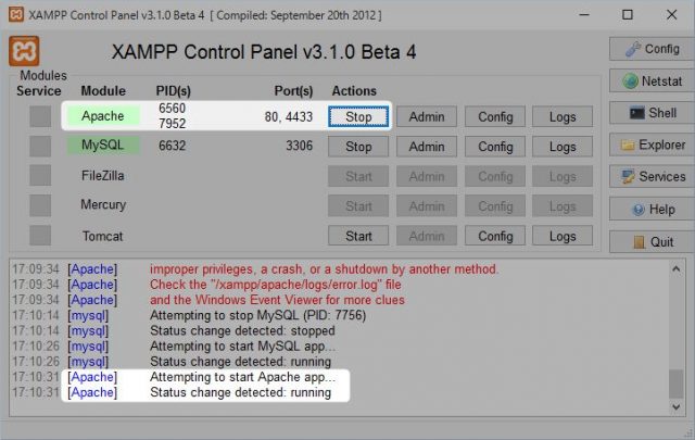 Portを使用して無事に動いているXAMPPコントロールパネルの図