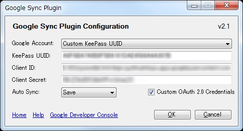 「Custom OAuth 2.0 Credentials」にチェックを入れて 今まで準備した3項目をコピペしてOKボタンを押します。